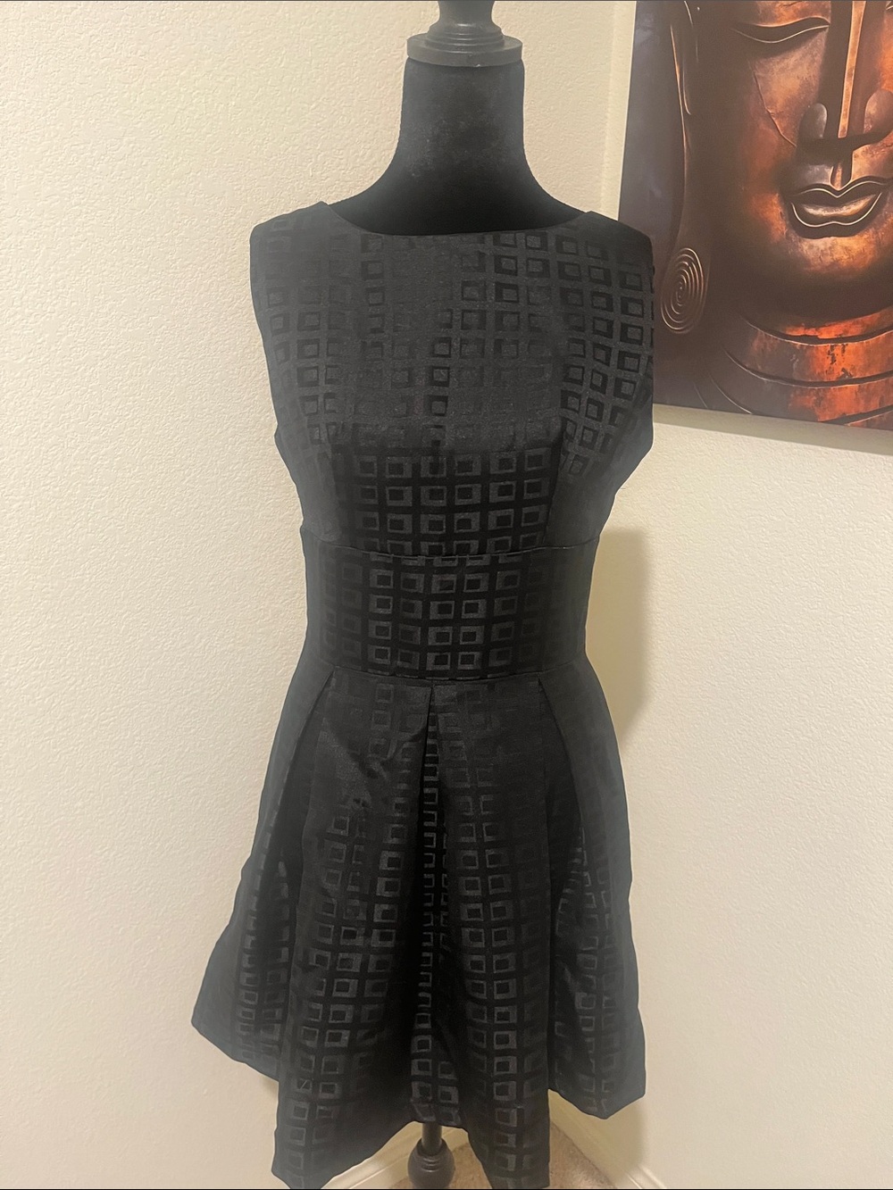 Classic Black Fit-and-Flare Maxi Dress with Geometric Texture